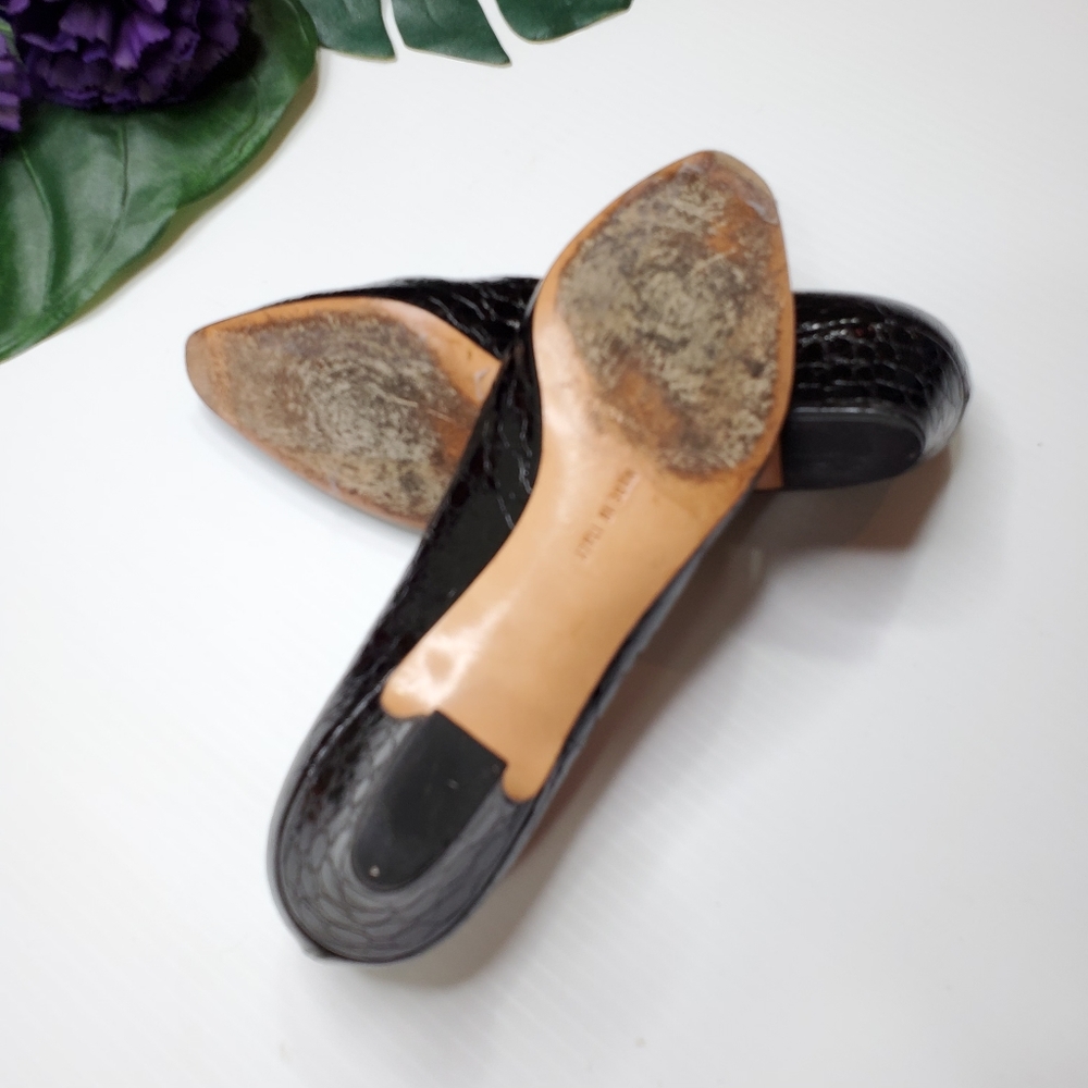 SOLD Salvatore Ferragamo 🐊 Croc Embossed Black Patent Low Heels Comfortable - Picture 7 of 12